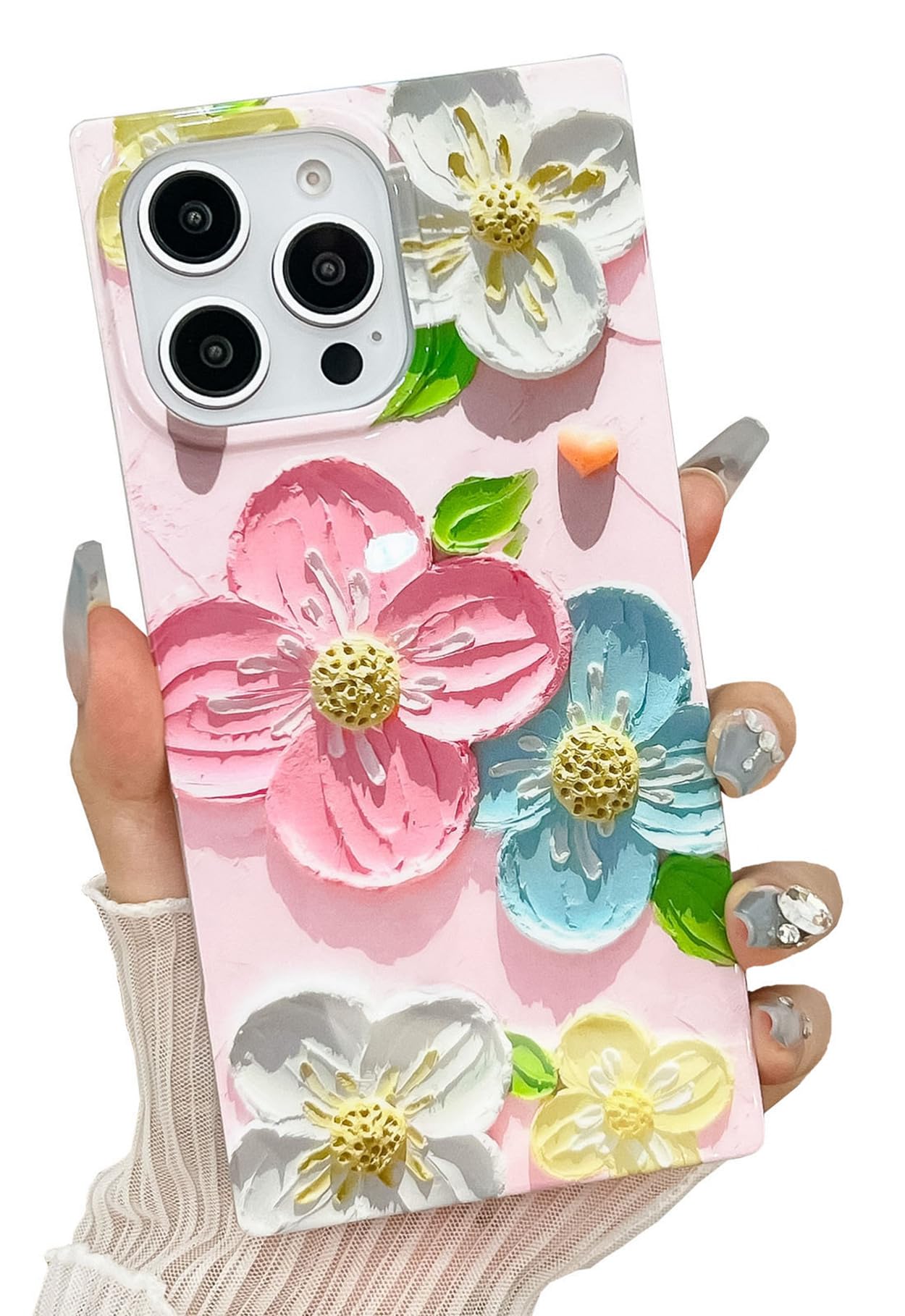 BANAILOA Compatible with iPhone 16 Pro Max Luxury Rectangular Edge Retro Oil Painting Flower Cute Pattern, Durable Shock Resistant Slim Girly Women iPhone Cover 16 Pro Max-6.9 inch (Pink)