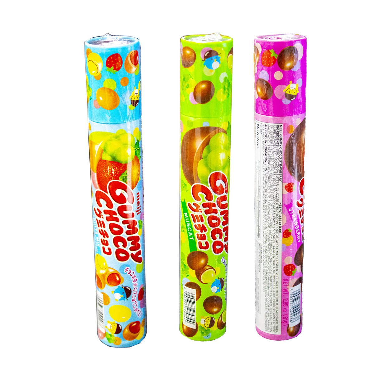 Meiji Gummy Chocolate In Tube 2.86 oz (Strawberry Muscat and Mix Fruit, 3