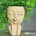 Planters for Indoor Plants Cute Lady Bubble Blowing Head Planter Resin Face Planters Flower Pot with Drainage Hole (Brown)