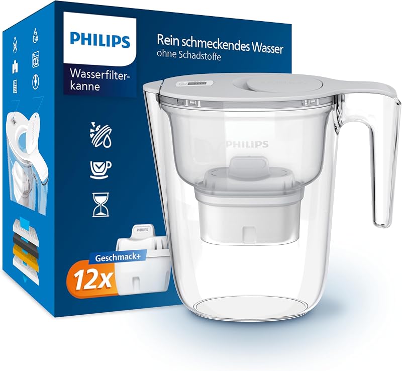 Water Wasserfilterkanne +12 Geschmack+ Ersatzfilterkartuschen schneller Durchfluss elektronischer Timer filtert Chlor Kalk Schwermetalle und Mikroplastik 2,6 L — Foto 1 von 7