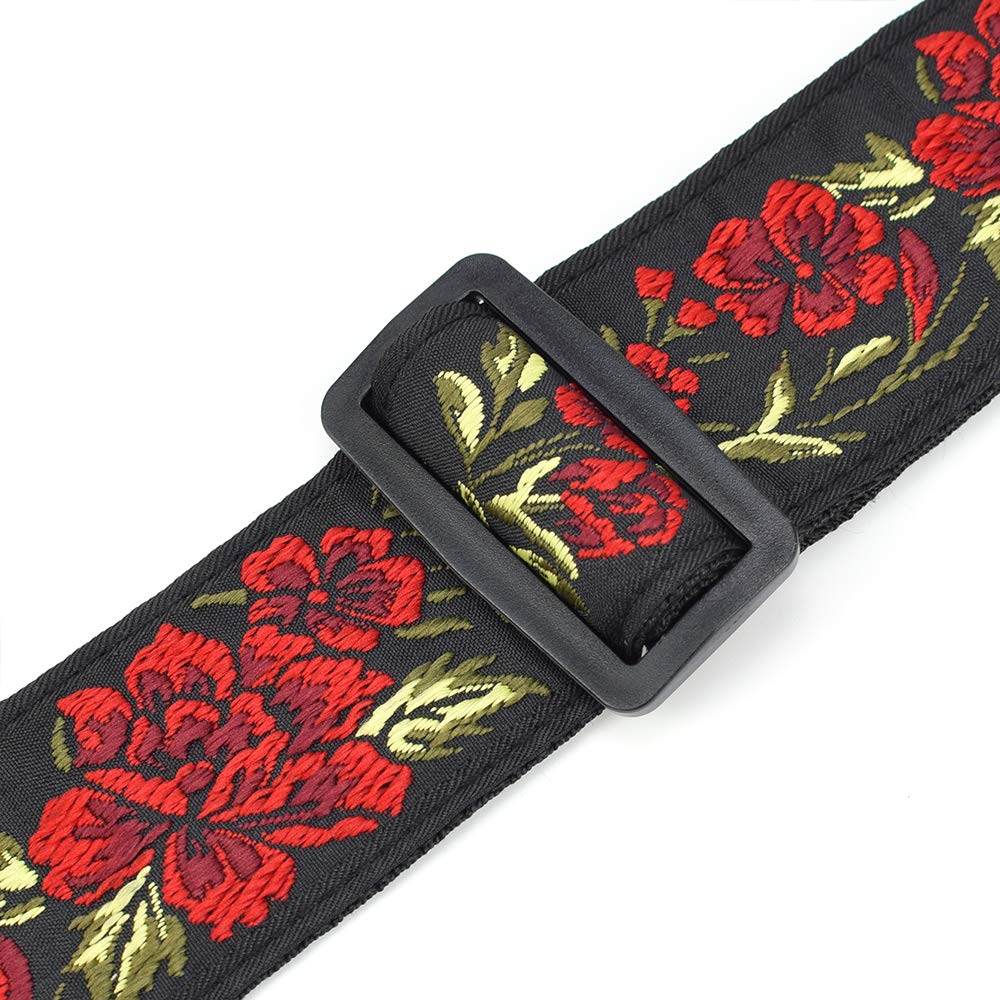 CLOUDMUSIC Guitar Strap Red Rose Pattern Jacquard Woven With Black