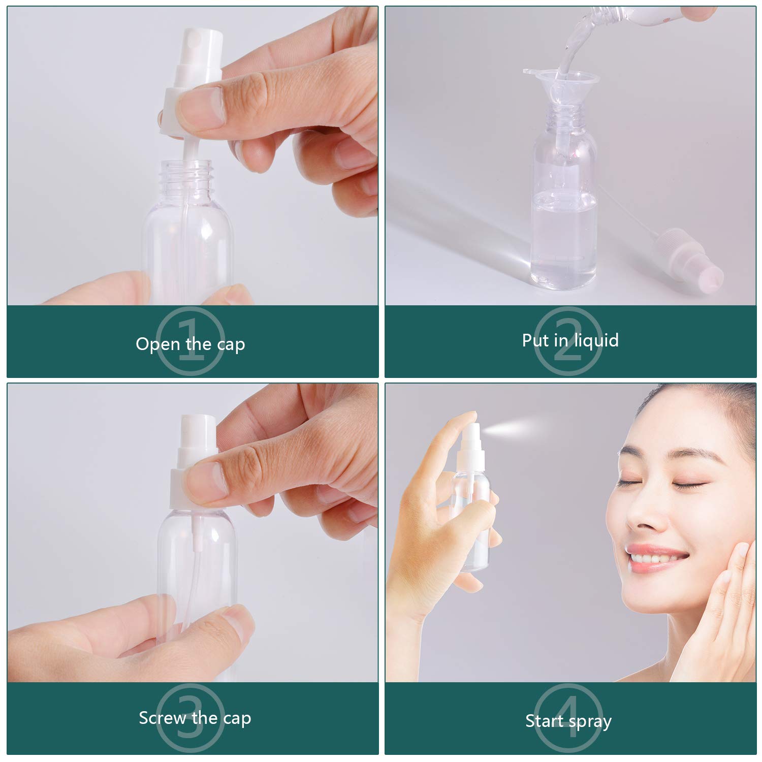 Spray Bottles, 2oz/50ml Clear Empty Fine Mist Plastic Mini Travel Bottle Set, Small Refillable Liquid Containers with 2pcs Funnels and 24pcs Labels (6 Pack) : Beauty