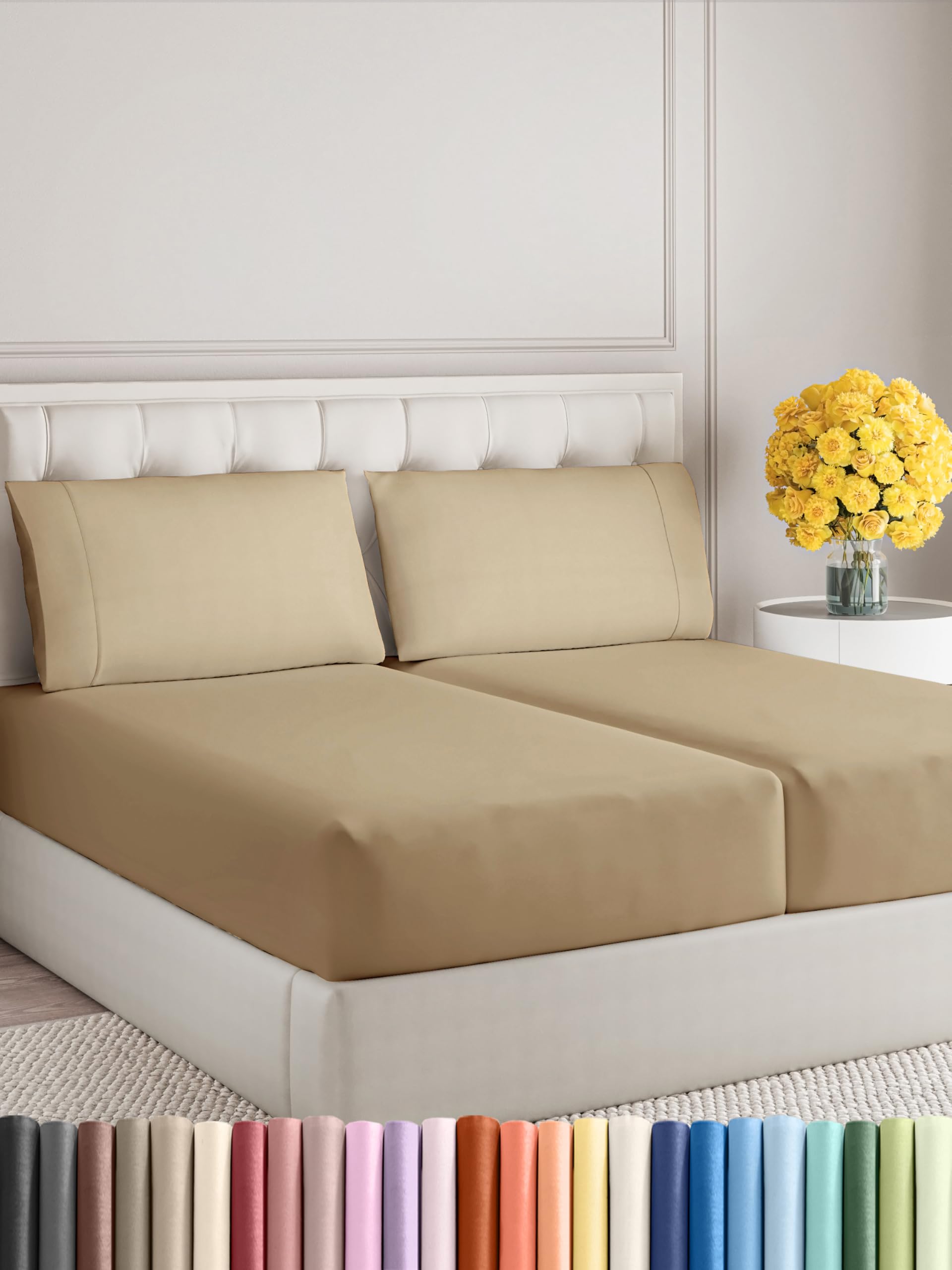 Sleepy Town Split King Size Bed Sheets - 5 Piece - Split King Sheet Set - Extra Soft, Comfy & Cooling - Easy Care - Shrinkage, Wrinkle & Fade Free - Brushed Microfiber - Deep Pocket Sheets (Beige)