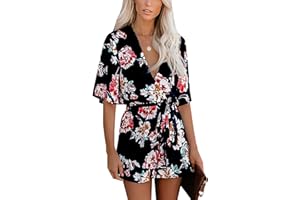 AIMCOO Women's Summer Deep V-Neck Floral Print Romper Ruffle Hem Half Flared Sleeve Jumpsuits Waist Tie Casual Short Rompers