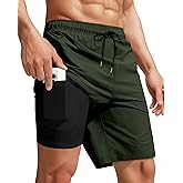 Yufawow Men Swim Trunks with Compression 9 Inches Breathable Liner Quick Dry Zipper Pockets for Board Beach Gym Running