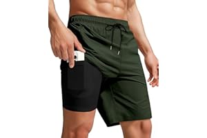 Yufawow Men Swim Trunks with Compression 9 Inches Breathable Liner Quick Dry Zipper Pockets for Board Beach Gym Running