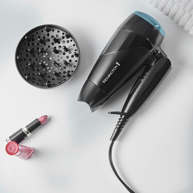 Secador de cabelo compacto pequeno remington, secador de viagem, dobrável, 2.000 w, concentrado, difusor compacto, 3 temperaturas, 2 velocidades, grade traseira removível, gancho de suspensão, d1500