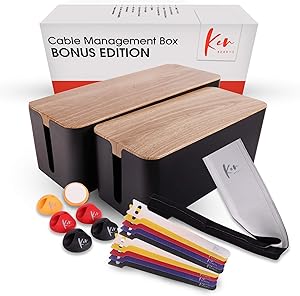 Kenberrys Cable Management Box Set - Large & Medium Cable Organizer Box to Hide Wires & Power Strips | Desk Cord Organizer Box | Cable Box Organizer | Cord Box | for Home & Office [Set of 2]