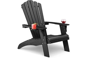 Cecarol Oversized Adirondack Chair Plastic, Outdoor Fire Pit Chair with Cup Holder, Adirondack Patio Chair Weather Resistant for Outside, Porch, Lawn, Garden- AC01, Black(Wood Grain)