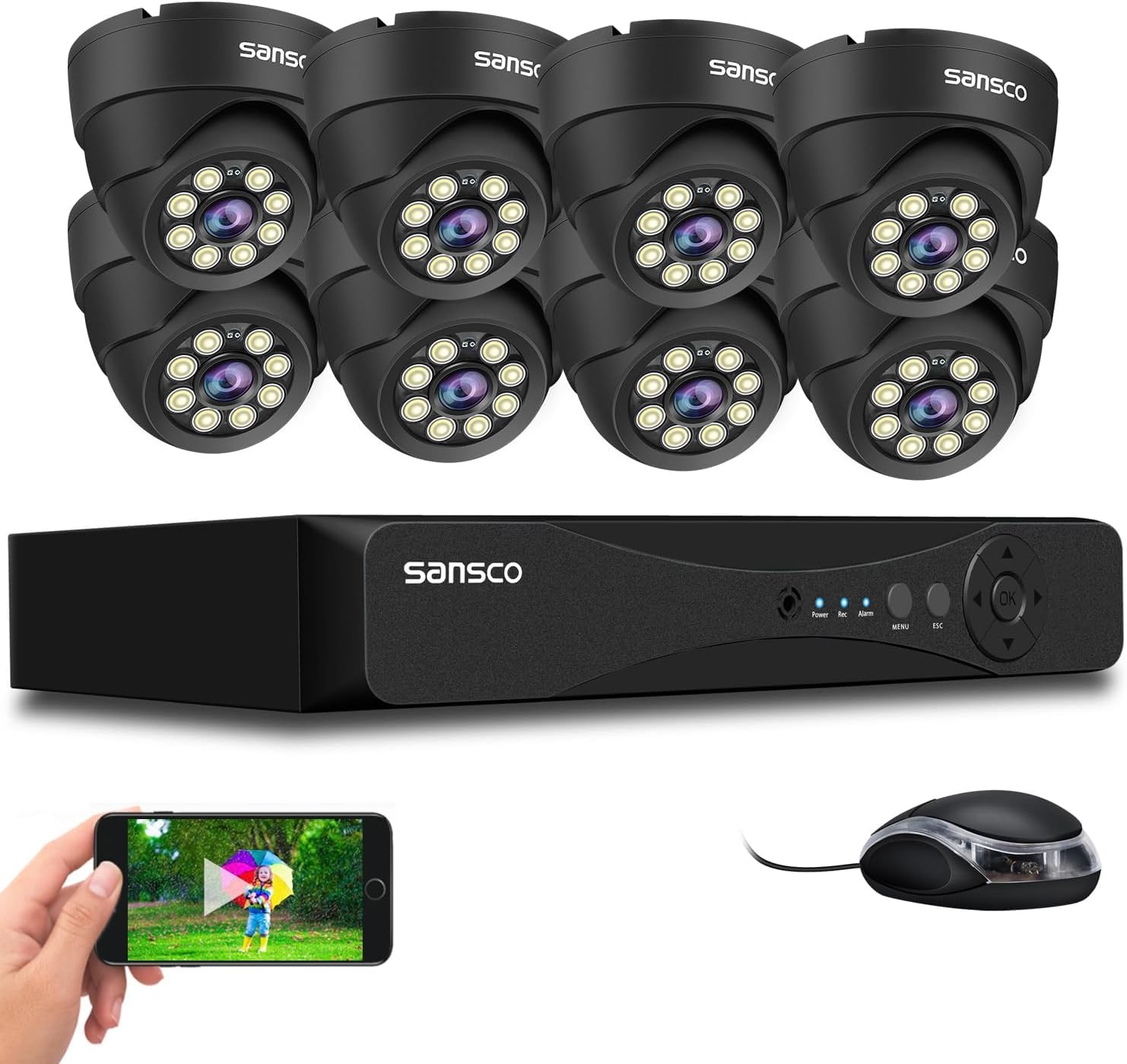 SANSCO 8CH 5MP HD CCTV Camera System, 8 Channel H.265 DVR Recorder, 8pcs 3K Outdoor/Indoor Dome Security Cameras Night Vision, Face/Human Detection, IP66 Vandalproof, Email No Hard Drive Disk