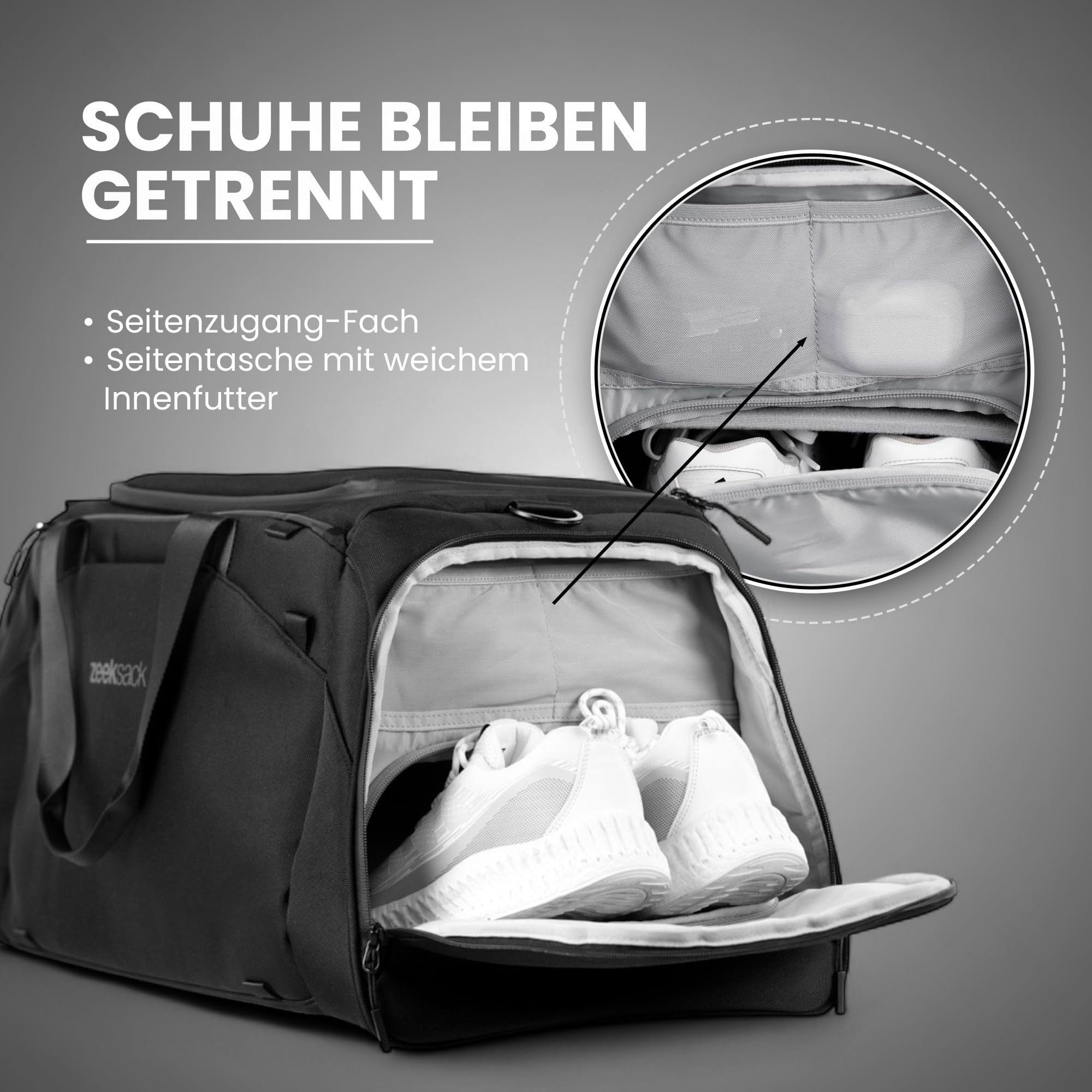 Zeeksack The Weekender 50L, Schwarz - Sport- & Reisetasche mit Schuhfach 5