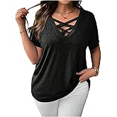 SOLY HUX Women's Plus Size Criss Cross V Neck T Shirts Short Sleeve Loose Tee Tops