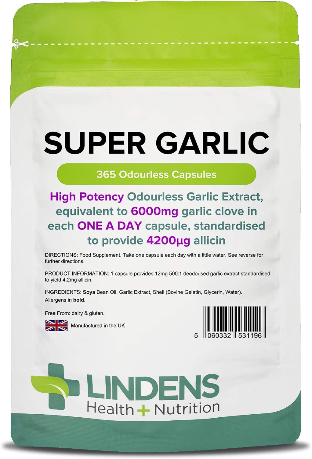 Lindens Super Garlic, 365 Odourless Capsules, High Strength 6000mg (4200mcg Allicin), Contributes to Normal Muscle Function