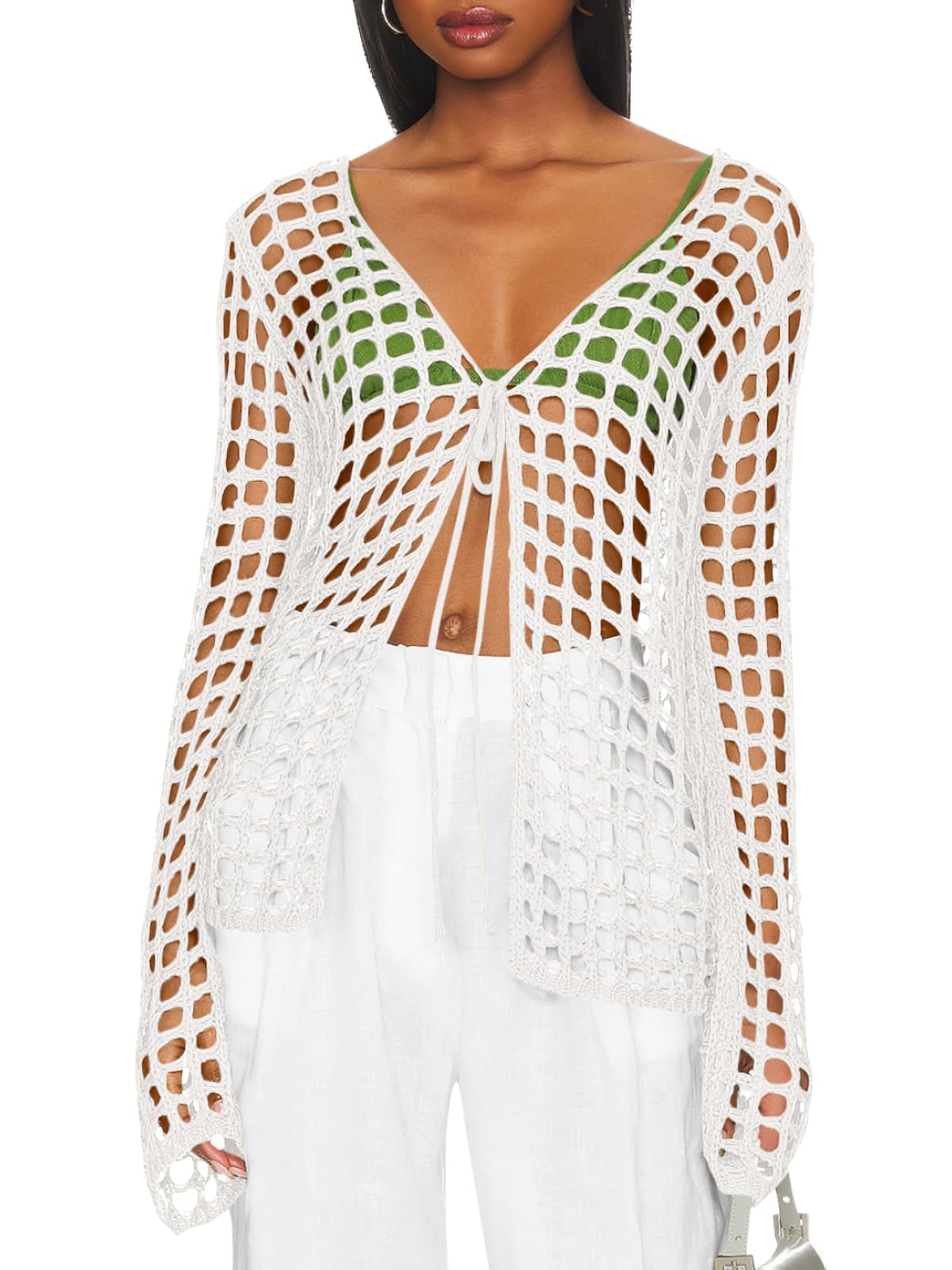 Photo 1 of Saodimallsu Womens Tie Front Crochet Swimsuit Coverup Long Sleeve Hollow Out Swim Cover Up Knit Cardigan White