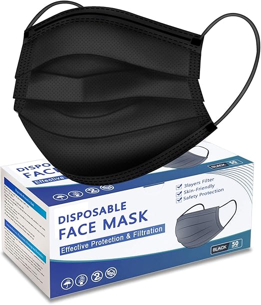 50 Pcs Black Disposable Face Masks, Breathable Face Mask 3 Layer Facemask, Lightweight Facial