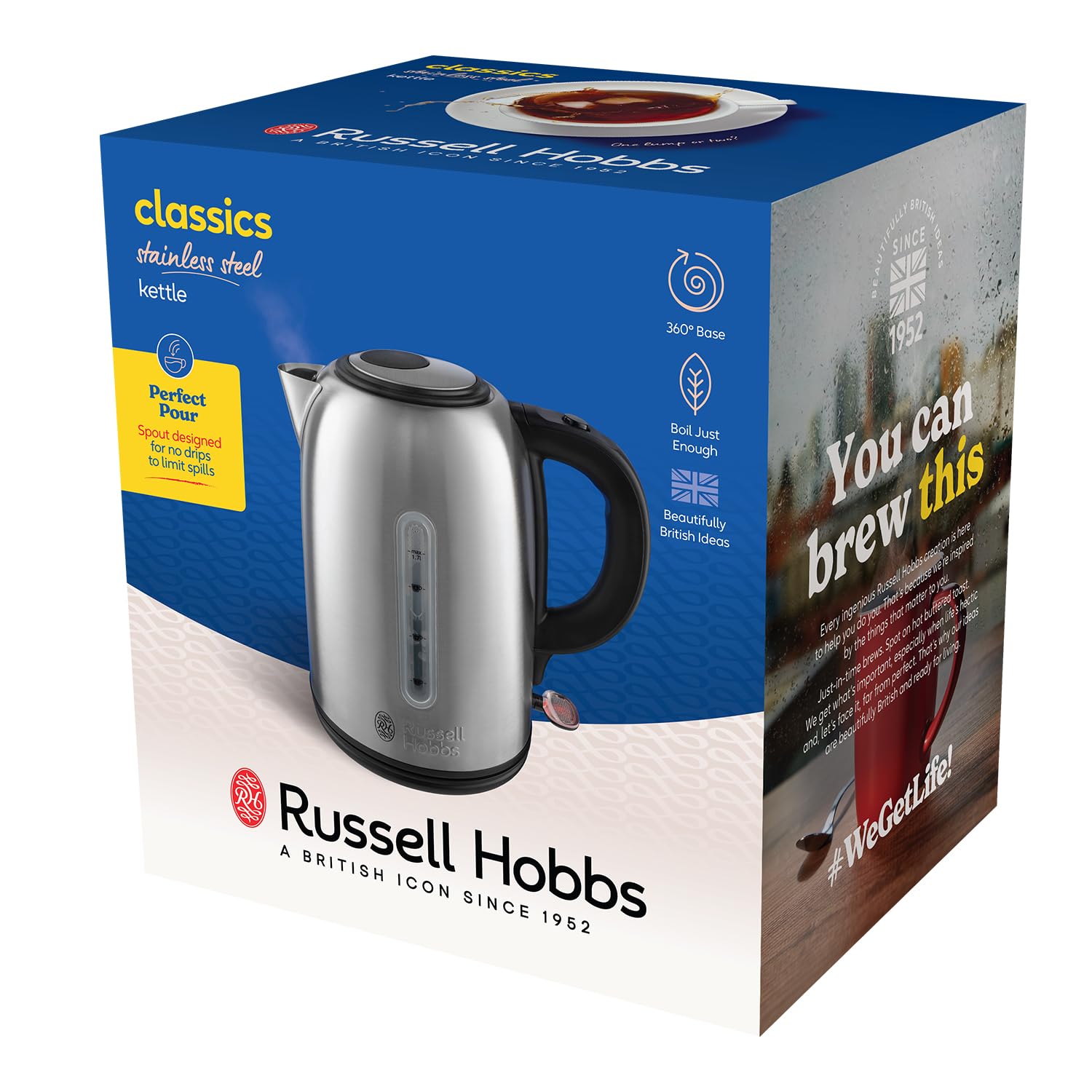 Russell Hobbs Brushed Stainless Steel & Black Electric 1.7L Cordless Kettle (Fast Boil 3KW, Removable Washable Anti-Scale Filter, Push to Open lid, Perfect Pour spout) 20441