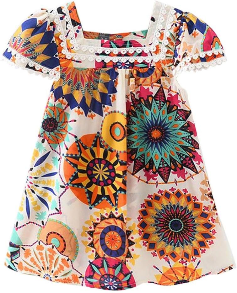Anxinke Little Girls Short Sleeve Floral Printed T Shirts A-line Ethnical Dress (Size:4T)