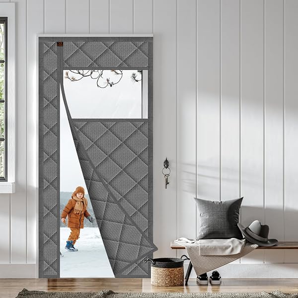 WOCHITV MAGNETIC THERMAL INSULATED DOOR CURTAIN FITS DOOR SIZE 32″ X 80″, DURABLE WATERPROOF CLOTH, POLYESTER FIBER FILLING, WEATHERPROOF, WINDPROOF, REDUCE NOISE, VISIBLE PANELS, SIDE OPENING, GRAY