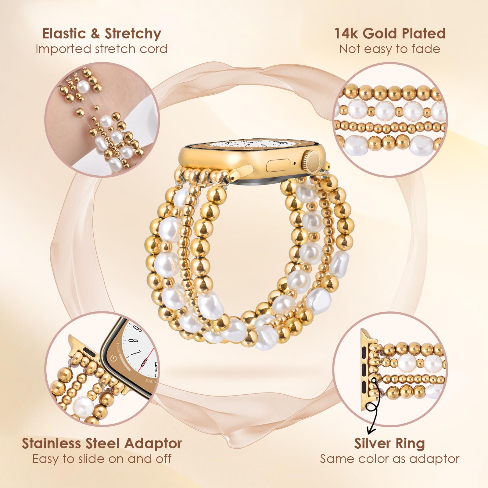 AIRSPO Gold Beaded Bracelets Compatible for Apple Watch Band 38mm 40mm 41mm 42mm 44mm 45mm Women, Fashion Handmade Dressy iPhone Watch Bands Elastic Strap for iWatch Series SE 8 7 6 5 4 3 2 1