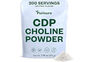 Purisure CDP Choline Powder, 50g, CDP Choline Supplements That Support Attention, Focus, and Energy, Citicoline Powder for Cognitive Function, Increases Motivation and Productivity, 200 Servings