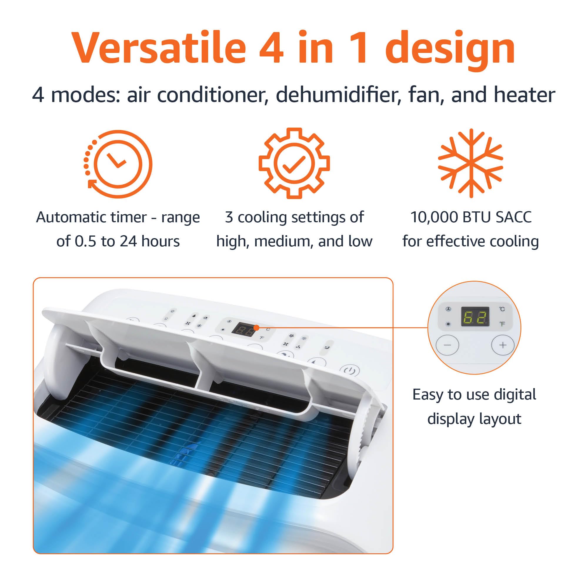 Amazon Basics 4-In-1 Portable Air Conditioner, 13500 BTU (ASHRAE), Cools Up to 550 Sqf, Portable AC with Cool/Heat/Dry (Dehumidifier)/Fan-Only Functions, Auto Mode, Sleep Mode, Timer, White