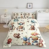 Cartoon Style Super Robot Bedding Set Twin Size,Cute Robot Comforter Set for Kids Girls Boys Room Decor,Retro Watercolor Style Duvet Insert 2Pcs,Colorful Beige Robot Themed Quilt Set,1 Pillowcase