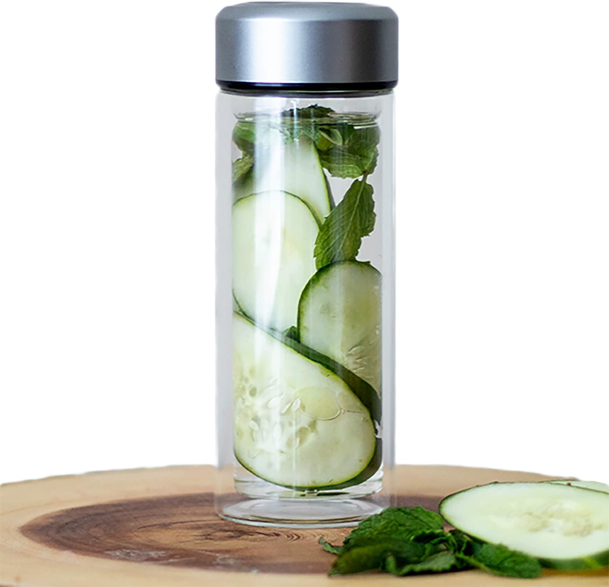 Light weight Double Glass Wall Bottle with Removal Infuser Basket. Double Walled Vacuum Insulated Tea Cup.