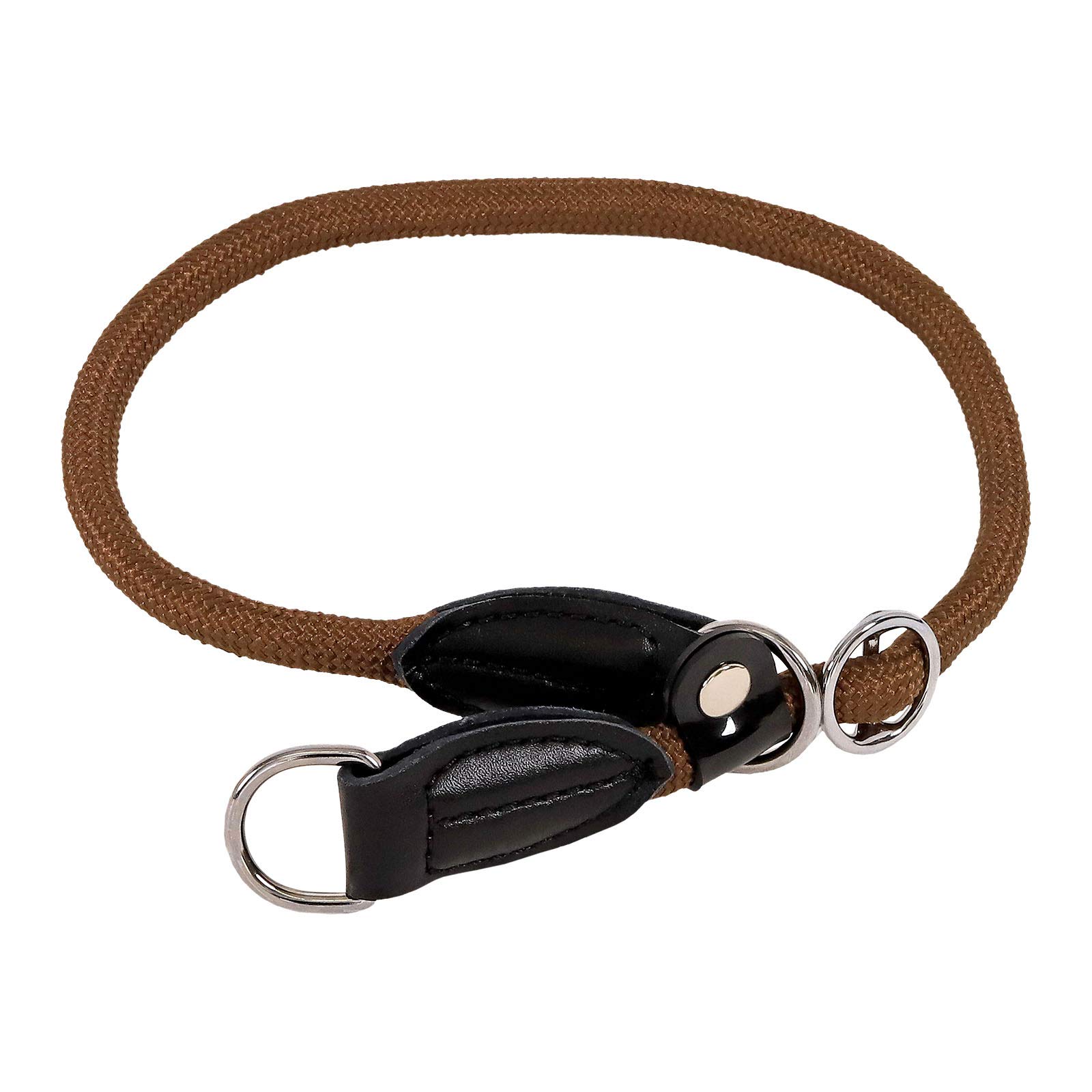 lionto Dog collar made of durable nylon for dog training, length 55 cm, 1 cm thick, pull stop collar for dogs, imitation leather with metal ring & adjustment by stepless slider, brown