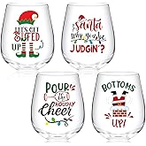 Whaline 4Pcs Christmas Stemless Wine Glasses 17oz Funny Xmas Lights Elf Santa Drinking Glasses Holiday Tumbler Cups for Party Supplies Gifts