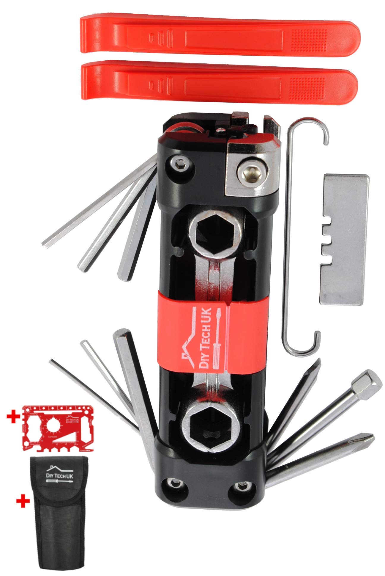 DIY TECH UK - 24 in 1 Bike Multi Tool - Multitools and Accessories Cycling Bicycle + Free 48 in 1 Credit Card Gadget - 6 Allen Keys, Screwdrivers, Wrenches, Chain Hook & Extractor, 11 Wrenches + Pouch