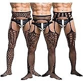 Newcotte Men's Sissy Pantyhose Black Sexy Lingerie Lace Fishnet Thigh High Stocking with Suspender for Man Cross-dresser