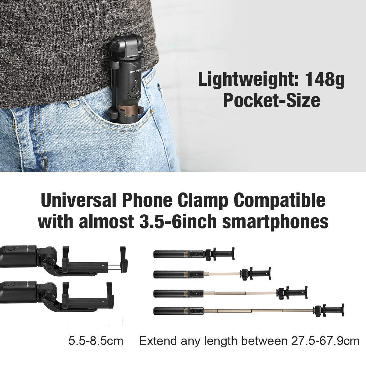 Bluetooth Bastone Selfie Treppiede con remoto per iPhone 7 7 plus 6 6s 6s plus Samsung Galaxy s7 edge Huawei p9 lite Android 3.6-6inch Smartphone Schermo - BlitzWolf 2 in 1 Estensibile Mini Selfie Stick Rotazione di 360 gradi