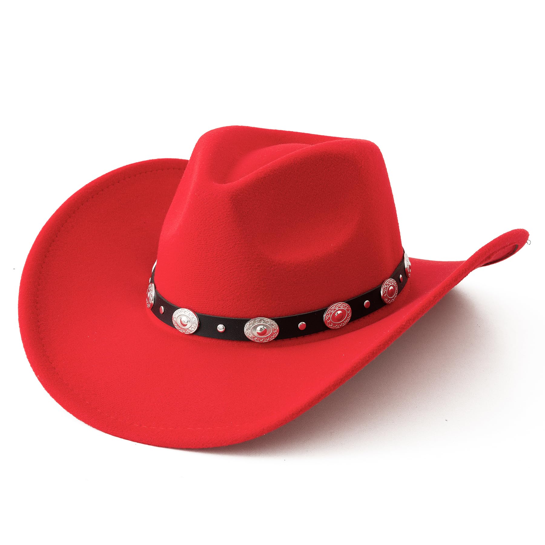 Photo 1 of Lanzom Women Men Felt Wide Brim Western Cowboy Hats Belt Buckle Panama Hat (Red, Large-X-Large)