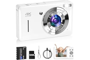 SMARTKLIK Digital Camera for Kids, FHD 1080P 44MP Point and Shoot Digital Camera with Face Detect, Smile Capture, 18X Zoom, 20 Filters, Anti Shake, 32GB SD Card White Compact Vintage Camera for Kids Boys Girls