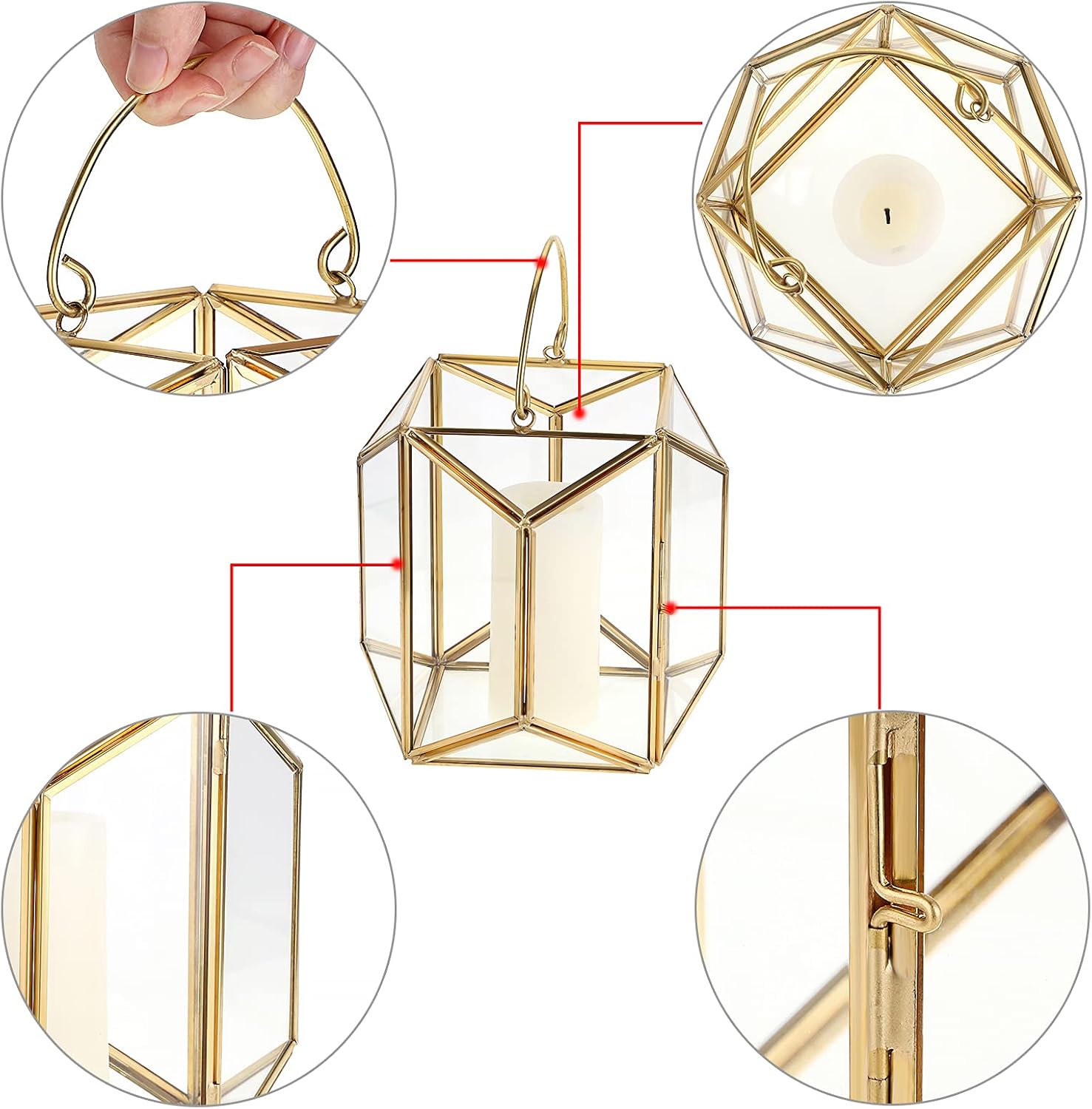 OwnMy Decorative Hurricane Candle Holder Gold Candle Stand Geometric Candle Lantern Metal Pillar Candle Stand with Handle, Glass Terrarium Vase Candlestick Holder for Wedding Table Centerpiece, Medium: Kitchen & Dining