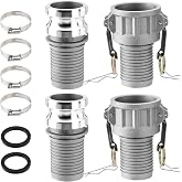 2 Pcs 2" Aluminum Camlock Fittings Type C + 2 Pcs 2" Type E Hose Fitting | with 2 Gaskets &amp; 4 Hose Clamps, Industrial Quick Connect Set