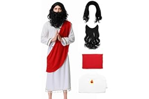 Yelakey Jesus Costume Biblical Robe Shepherd Cosplay Religious Outfits with Wig Moustache Set for Adult