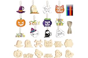 KIMOBER 60PCS Halloween Wooden Slices, Blank Cutouts Ornaments for Halloween Party Decoration, Kids DIY crafts,Family Activities