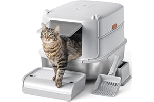 Furkid Stainless Steel Cat Litter Box with Lid, XL Extra Large Litter Box for Big Cats, Enclosed Metal Kitty Litter Box with High Sided Enclosure & Scoop, Anti-Leakage, Non-Sticky, Easy Cleaning Gray