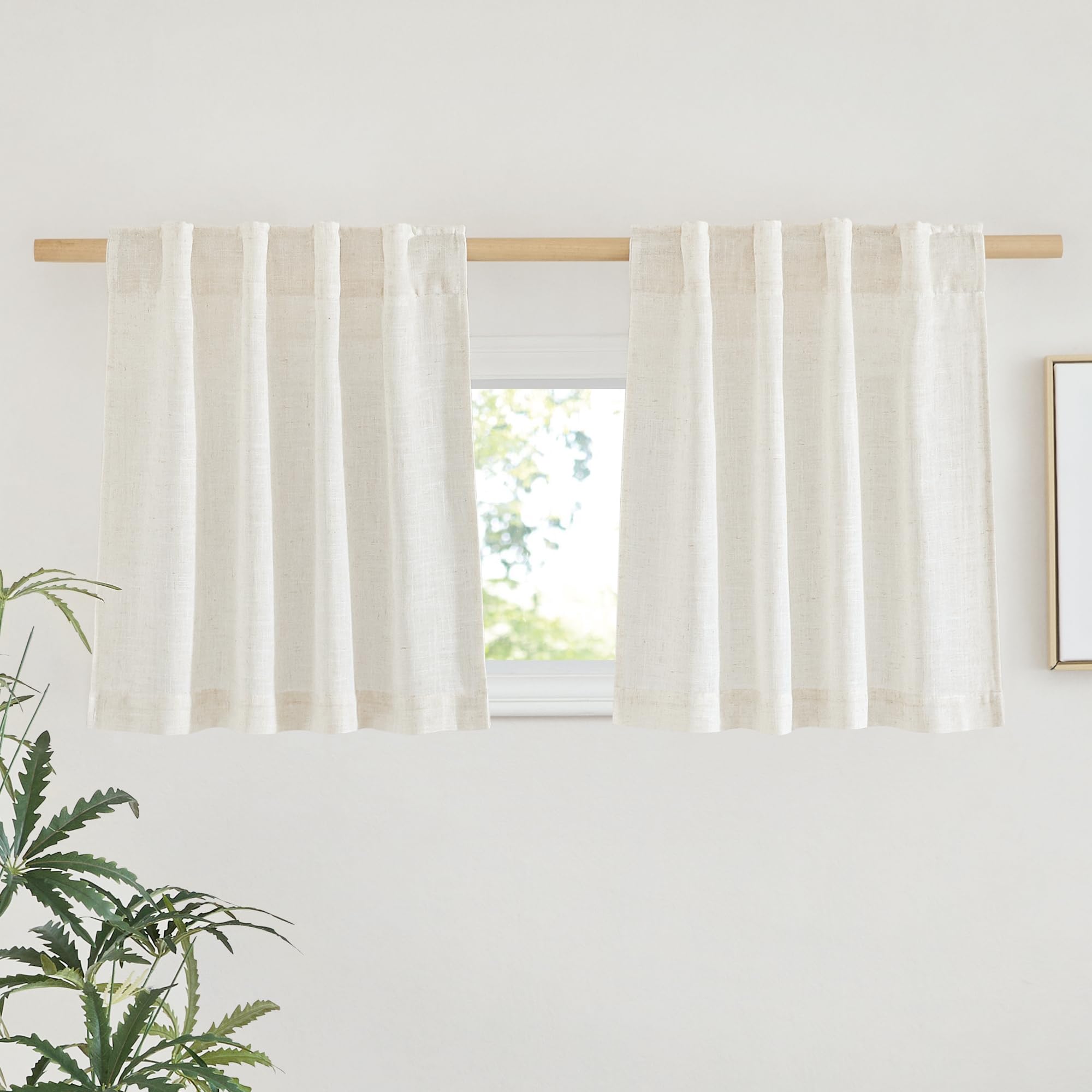 Photo 1 of NICETOWN Natural Linen Kitchen Curtains 24 inches Long, Rod Pocket & Back Tab Semi Sheer Flax Window Treatments Rustic & Cute for Cafe/Nursery, W29 x L24, 2 Panels