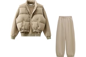 YUSHE Three Piece Sets for Women | Cotton Rich Sweatshirt and Jogger with Lightweight Puffer Jacket | Winter Cord Sets