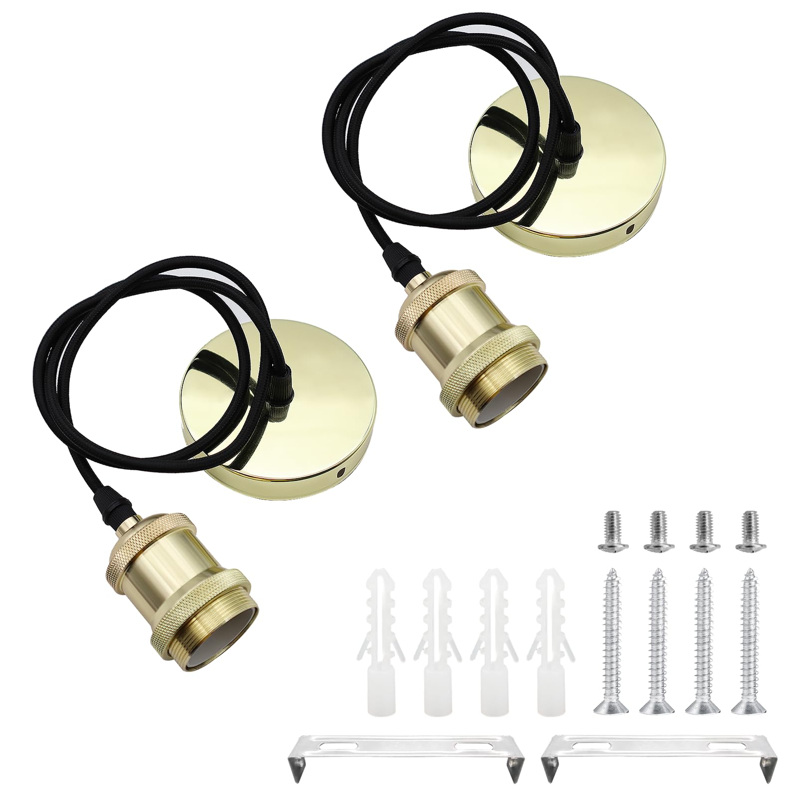 2 Pcs Ceiling Pendant Light Fitting E27 Rose Screw Lamp Holder Vintage Ceiling Rose Lamp Suspended with 100cm Braided Flex (Gold)
