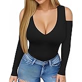 HERLOLLYCHIPS Womens Long Sleeve Tops Deep V Neck Cold Shoulder Tight Fitted Sexy Casual Fall Winter Tee T-Shirts
