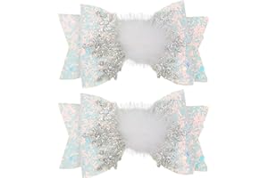 HIFANMM Snowflake Hair Bows Christmas Hair Clips for Women Girls, White Glitter Bow Hair Accessories Snow Hairball Hairpins Cute Bow Alligator Hair Barrettes Winter Xmas Party Decor Supplies 2Pcs