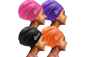 GELTVILRA 4 Pack Kids Extra Large Swim Cap for Long Thick Curly Hair, Waterproof Silicone Swimming Hat Hair Turban Protection Cover for Girls Aged 4 to 16 Boys Braids Dreadlocks Weaves Extensions Afros