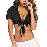 Avidlove Sexy Tops for Women Tie Front Crop Top Short Sleeve Deep V Neck School Girl Outfit Cosplay Lingerie Rave Top