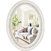 H HOMEWINS Oval Mirrors for Wall,20x30 Oval Wooden Rustic Farmhouse White Beads Boho Decorative Mirror for Bedroom, Bathroom,