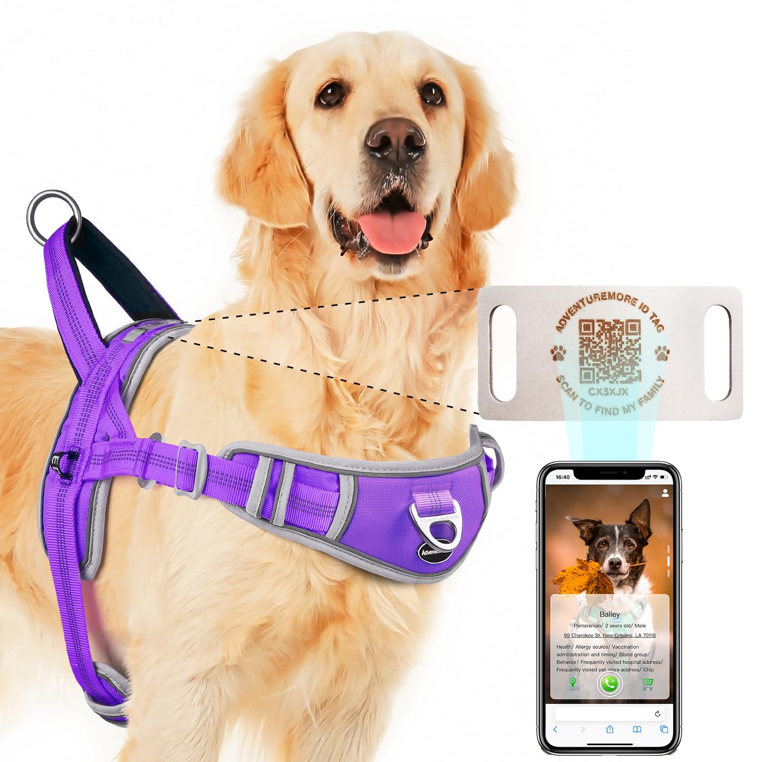 Photo 1 of ***(MISSING PARTS/ SEE NOTES)***ADVENTUREMORE No Pull Dog Harness for Large Dogs with QR Code Dog Tag,Adjustable Reflective Breathable Dog Vest Harness with Easy Control Front Clip Handle for Training Walking L Purple