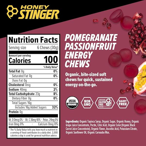 HONEY STINGER ORGANIC POMEGRANATE PASSIONFRUIT ENERGY CHEW, GLUTEN FREE & CAFFEINE FREE, FOR EXERCISE, RUNNING AND PERFORMANCE, SPORTS NUTRITION FOR HOME & GYM, PRE AND MID WORKOUT, 12 PACK