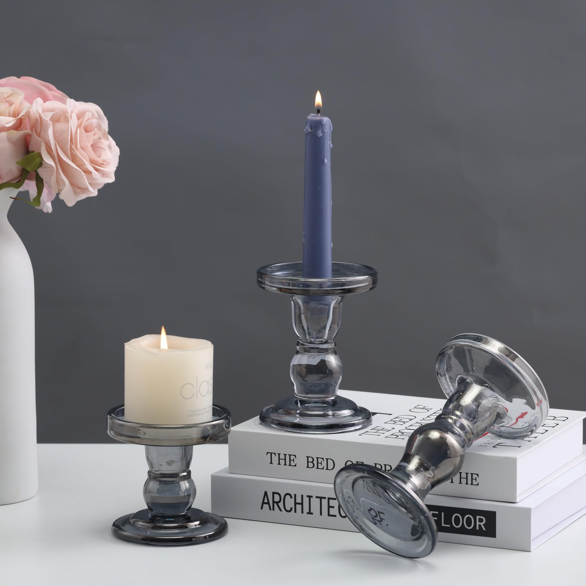 Gray Glass Candle Holder Set, QENUIITEA Set of 3 Clear Candlesticks Holders Pillar Taper Candles Tea Light Stand for Centerpieces Church Wedding Party Home Decor Dining Table